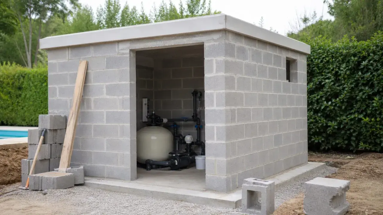Construction d'un local technique pour piscine en dur. L'abri en parpaings abrite le système de filtration.