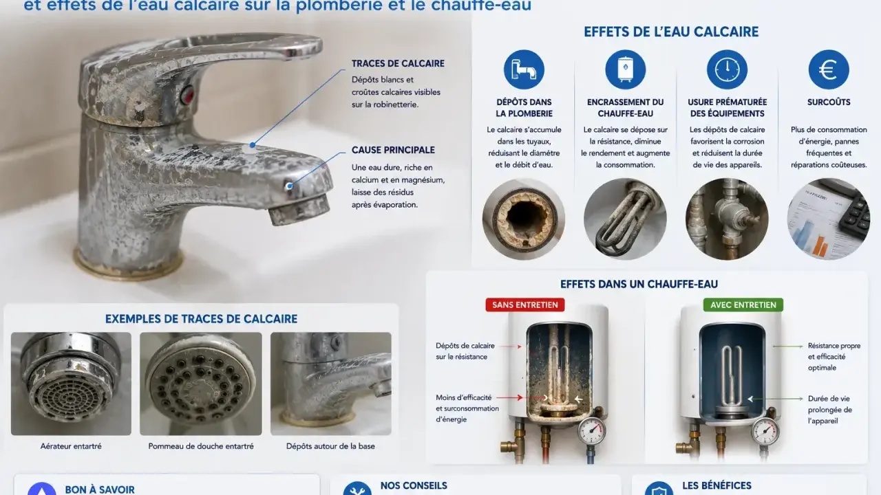 Robinet entartré par l'eau calcaire, un problème courant à Strasbourg. L'image montre les dépôts blancs et les effets sur la robinetterie et le chauffe-eau.
