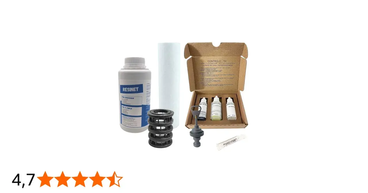 Kit pour réglage adoucisseur Fleck 5600 : résine, tube, réactifs pour contrôle TH et lubrifiant.