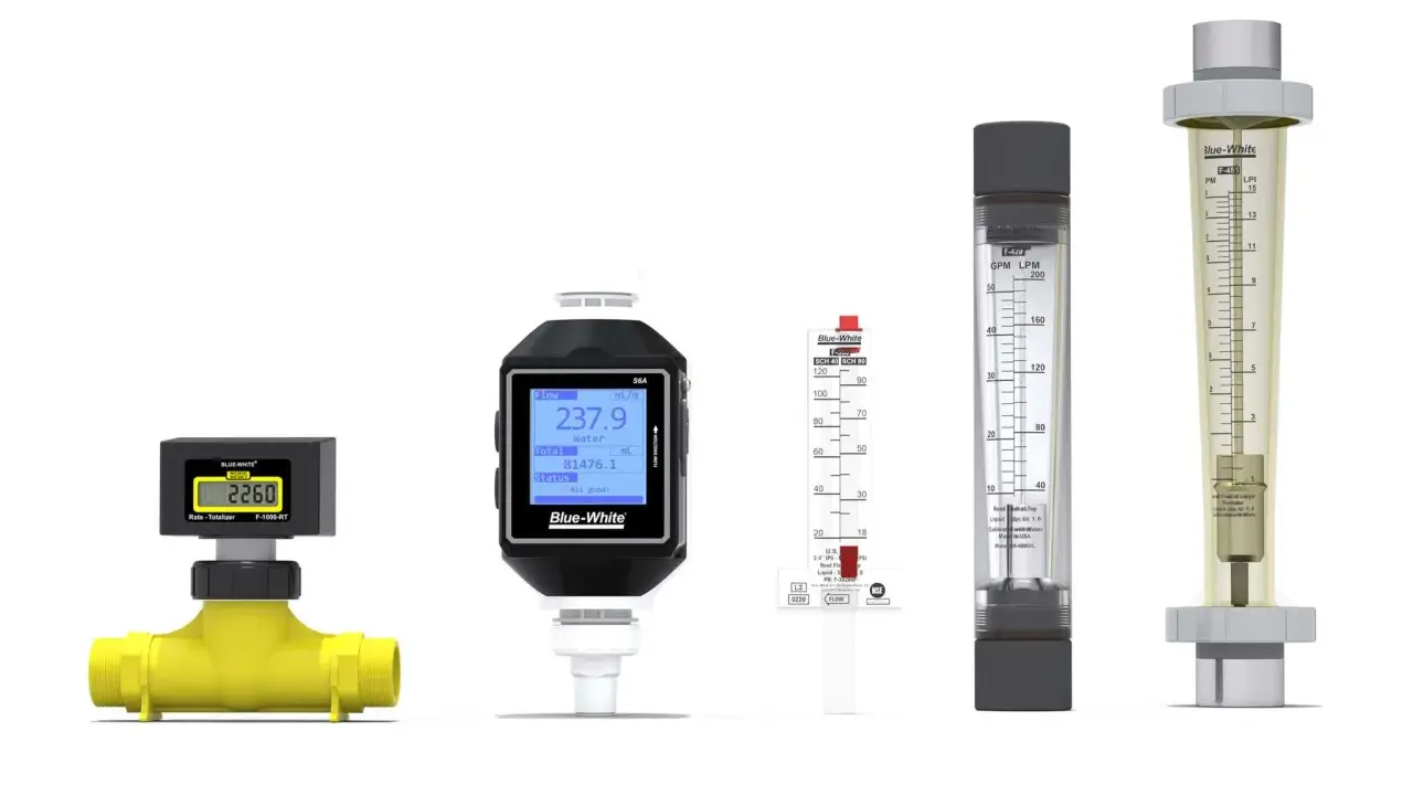 Ensemble de débitmètres, incluant un modèle numérique avec écran et un débitmètre à flotteur, pour mesurer le débit de liquides.