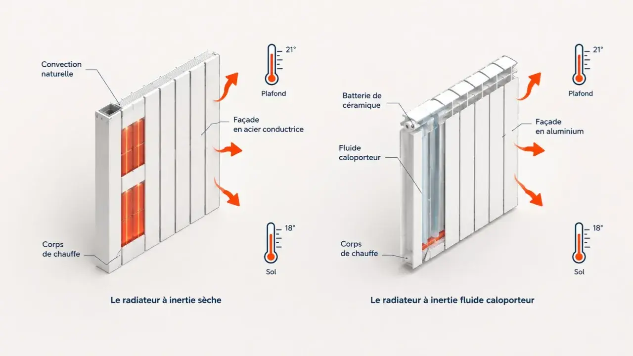 Schémas comparant deux radiateurs électriques : inertie sèche (acier) et inertie fluide (aluminium). Guide pour comment choisir son radiateur electrique.