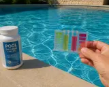 Test de chlore et de pH pour piscine, avec une bouteille de pastilles de chlore. Le temps d'évaporation du chlore dans l'eau est une préoccupation.