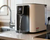 Un purificateur d'eau moderne verse de l'eau dans un évier de cuisine. L'appareil affiche "8.9" sur son écran numérique.