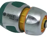 Raccord 3 pièces RACO Stop, un connecteur rapide pour tuyau d'arrosage, avec des parties vertes, argentées et jaunes.