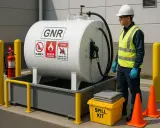 Un homme en tenue de sécurité surveille un **event cuve** de carburant, prêt à intervenir en cas de déversement. Kit de nettoyage à proximité.