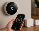 Thermostat intelligent contrôlé par smartphone, un exemple de domotique. La température est réglée à 72 degrés.