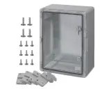 Coffret PVC transparent avec porte verrouillable, accompagné de vis et de supports de fixation. Idéal pour protéger vos équipements.