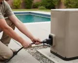 Un homme branche un câble à une pompe de piscine, prêt à assurer la filtration.