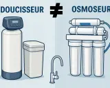 Illustration comparant un adoucisseur d'eau et un système d'osmoseur, montrant leurs différences pour une eau plus pure.