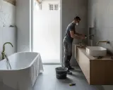 Un ouvrier masqué travaille sur la **rénovation baignoire** et le lavabo dans une salle de bain moderne en cours d'aménagement.