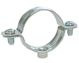 Collier tube métallique argenté, avec deux vis, prêt à fixer un tuyau.