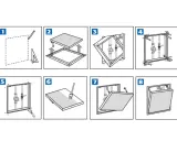 Instructions pour installer un **joint de trappe**. Les étapes montrent le traçage, l'assemblage du cadre, la fixation des tuyaux, l'application du joint, et la pose de la trappe.