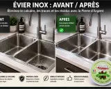 Avant/après d'un évier inox : le nettoyage de la cuve inox révèle un éclat sans traces grâce à la Pierre d'Argent.