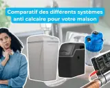 Comparatif de systèmes anti-calcaire pour votre maison. Une femme réfléchit face à des appareils pour traiter l'eau très calcaire.