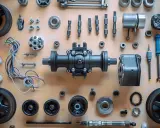 Vue éclatée de pièces mécaniques, dont une **tête électrovanne** centrale, des roues, des vis et des outils.