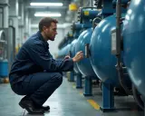 Un technicien en combinaison bleue effectue une prise d'échantillon sur de grandes cuves bleues dans une usine.