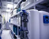 Système de plomberie d'un adoucisseur d'eau, prêt à récupérer l'eau pour sa régénération. Des étagères remplies de bidons sont visibles en arrière-plan.