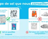 Conseils pour le réglage adoucisseur d'eau : sel en pastilles Fontaigue, autres pastilles, blocs, cristaux, berlingots, ogives. Privilégier les pastilles.