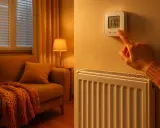 Une main ajuste le thermostat d'un radiateur dans un salon confortable. Un autre radiateur est visible à gauche, près d'un canapé.