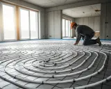 Un ouvrier installe un réseau de tubes pour un plancher chauffant électrique. Il est essentiel de bien comment tester un plancher chauffant électrique avant de couler la chape.