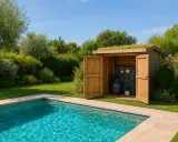 Petit cabanon en bois abritant le local technique de la piscine, avec son équipement de filtration et de traitement de l'eau.