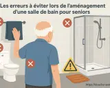 Illustration montrant une salle de bain avec des erreurs à éviter pour une salle de bain pmr. Un homme âgé est présent.