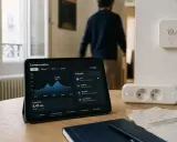 Tablette affichant la consommation d'énergie, thermostat connecté et prise intelligente. La domotique chauffage optimise le confort et les économies.