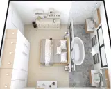Plan d'une suite parentale : chambre avec lit, dressing et salle de bain attenante avec baignoire et double vasque.