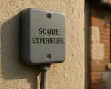 Boîtier gris fixé au mur, marqué "SONDE EXTÉRIEURE". Un câble en sort.