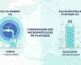 Comparaison : eau du robinet (4 ppm) vs eau en bouteille (325 ppm). L'eau du robinet est bien moins contaminée par les microplastiques.