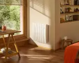 Un radiateur blanc vertical est fixé au mur, sous une fenêtre. Un bureau en bois et une étagère remplie d'objets complètent la pièce.