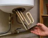 Main d'un homme tenant une résistance de chauffe-eau entartrée par le calcaire. L'eau chaude ou froide peut causer ce problème.