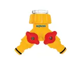 Un raccord rapide double femelle jaune avec deux robinets rouges pour diviser le débit d'eau.