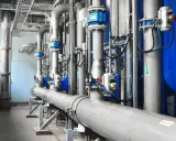 Système de tuyauterie industrielle avec plusieurs vannes à bride bleues et grises, contrôlant le flux dans une usine.