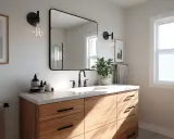 Une salle de bain moderne avec un meuble-lavabo en bois, un grand miroir, des appliques murales et une plante verte. Idéal pour peindre une salle de bain.