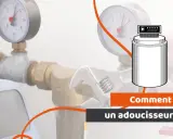Schéma d'une installation adoucisseur d'eau avec manomètres, clé et gouttes d'eau.