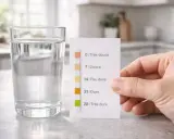 Un verre d'eau potable à côté d'une bandelette test de dureté de l'eau. La bandelette indique une eau douce.