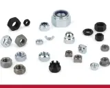 Assortiment d'écrous variés, dont une **rondelle papillon** et des écrous hexagonaux, carrés et borgnes, en métal et en plastique noir.