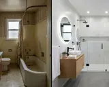 Avant/après d'une salle de bain : d'un espace vieillot à un relooking salle de bain moderne et lumineux avec douche à l'italienne et mobilier suspendu.
