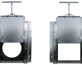 Deux vannes murales guillotine en métal, l'une avec une ouverture ronde, l'autre avec une ouverture rectangulaire.