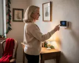 Une femme ajuste le thermostat pour maintenir la température hors gel de sa maison. L'écran affiche 13°C.