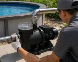 Installation d'une pompe de piscine 1 cv. Un technicien ajuste le tuyau d'une pompe pour optimiser la consommation.