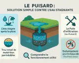 Schéma expliquant le fonctionnement d'un puisard pour le traitement de l'eau de puits. Il montre l'infiltration de l'eau stagnante dans le sol via un puits d'infiltration.