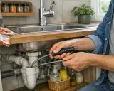 Un homme utilise une aiguille pour déboucher canalisation sous un évier de cuisine. L'outil flexible est inséré dans le siphon pour dégager le bouchon.