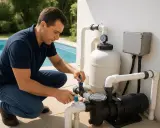 Un homme s'accroupit pour amorcer la pompe de la piscine, ajustant les vannes bleues près du filtre blanc et de la pompe noire.