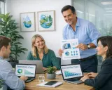 Réunion d'équipe discutant des économies d'eau à Paris. Des graphiques montrent la **dureté de l'eau** et les tendances de consommation.