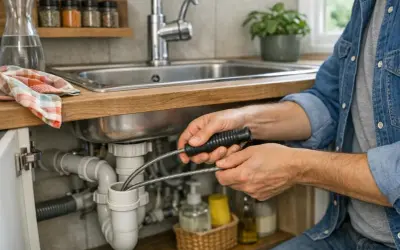 Un homme utilise une aiguille pour déboucher canalisation sous un évier de cuisine. L'outil flexible est inséré dans le siphon pour dégager le bouchon.