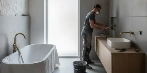 Un ouvrier masqué travaille sur la **rénovation baignoire** et le lavabo dans une salle de bain moderne en cours d'aménagement.