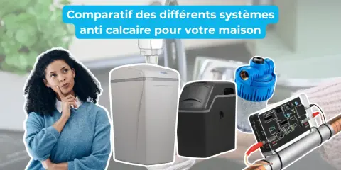 Comparatif de systèmes anti-calcaire pour votre maison. Une femme réfléchit face à des appareils pour traiter l'eau très calcaire.