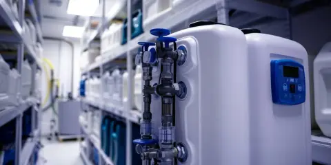 Système de plomberie d'un adoucisseur d'eau, prêt à récupérer l'eau pour sa régénération. Des étagères remplies de bidons sont visibles en arrière-plan.